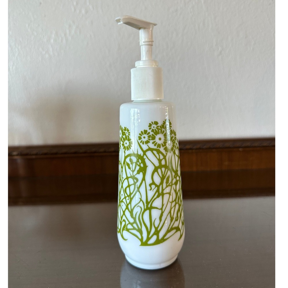 Amway Vintage 70s Milk Glass White Lotion Soap Pump Bottle Green Floral Empty